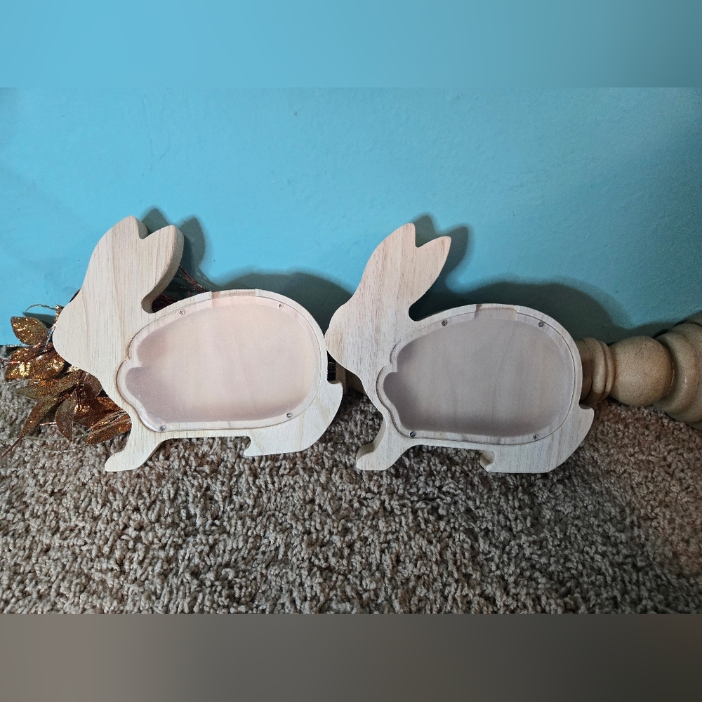Wooden Bunny Money Banks- Set Of 2